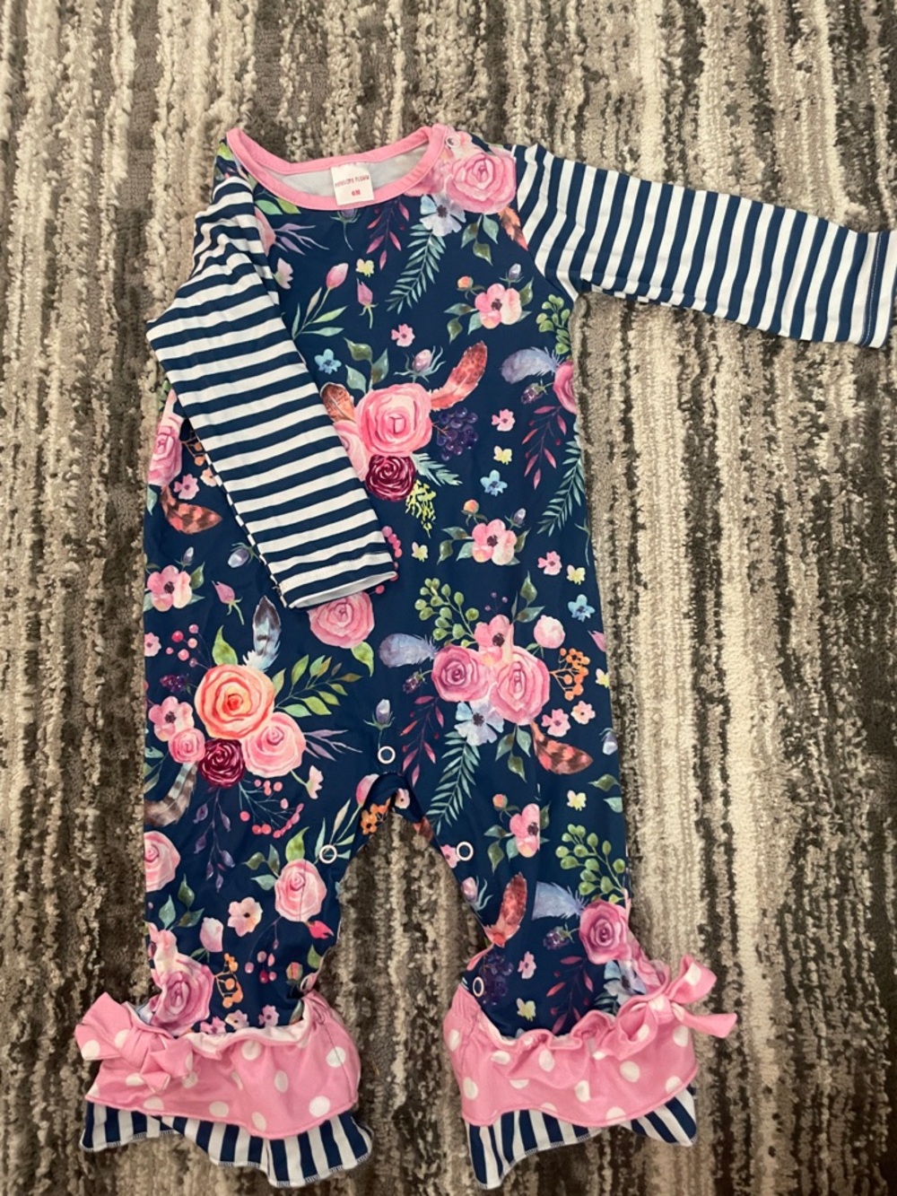 Girls Navy Floral & Pink Trim Long-Sleeve One-Piece Bodysuit